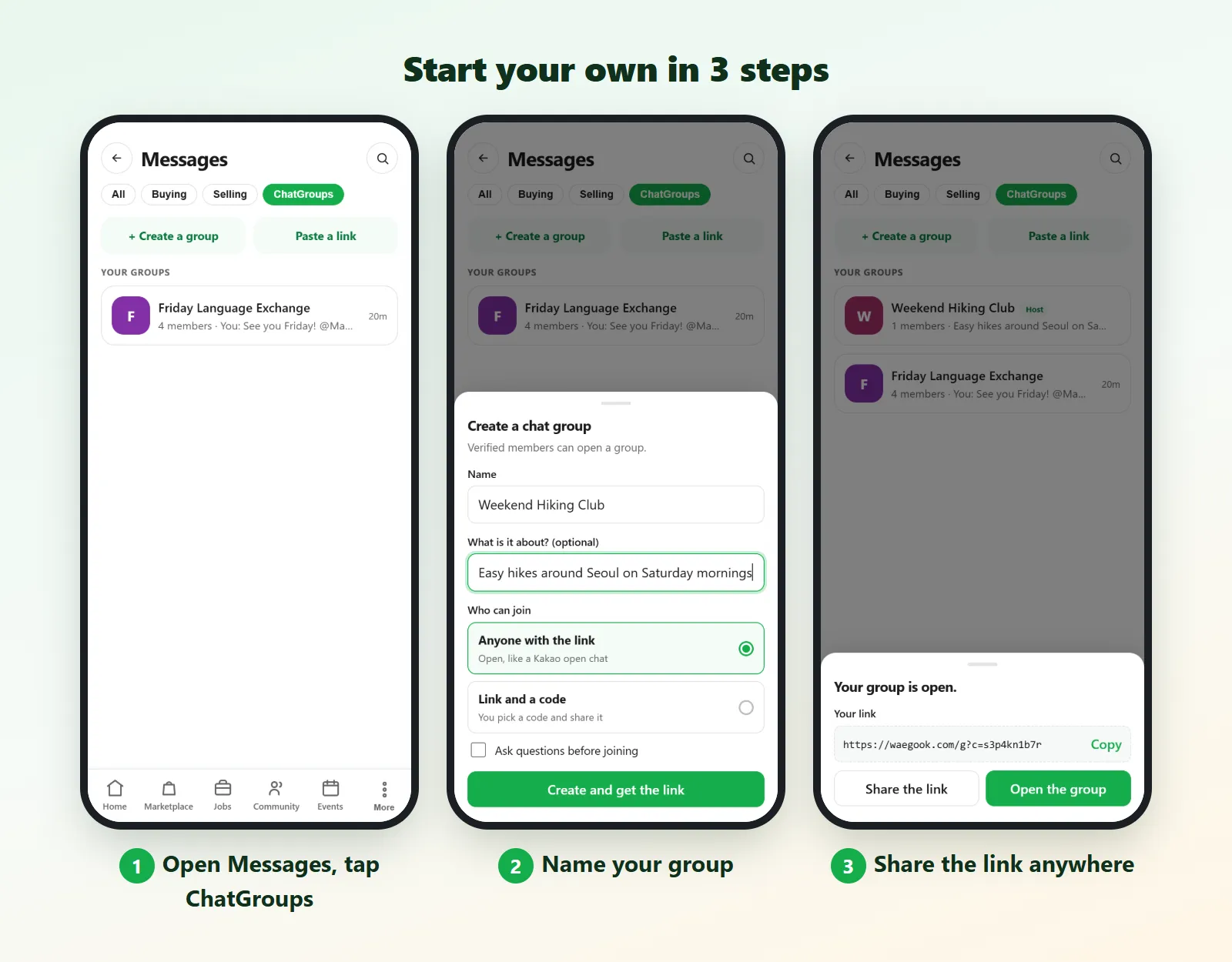 Three steps from Messages to a link you can share.